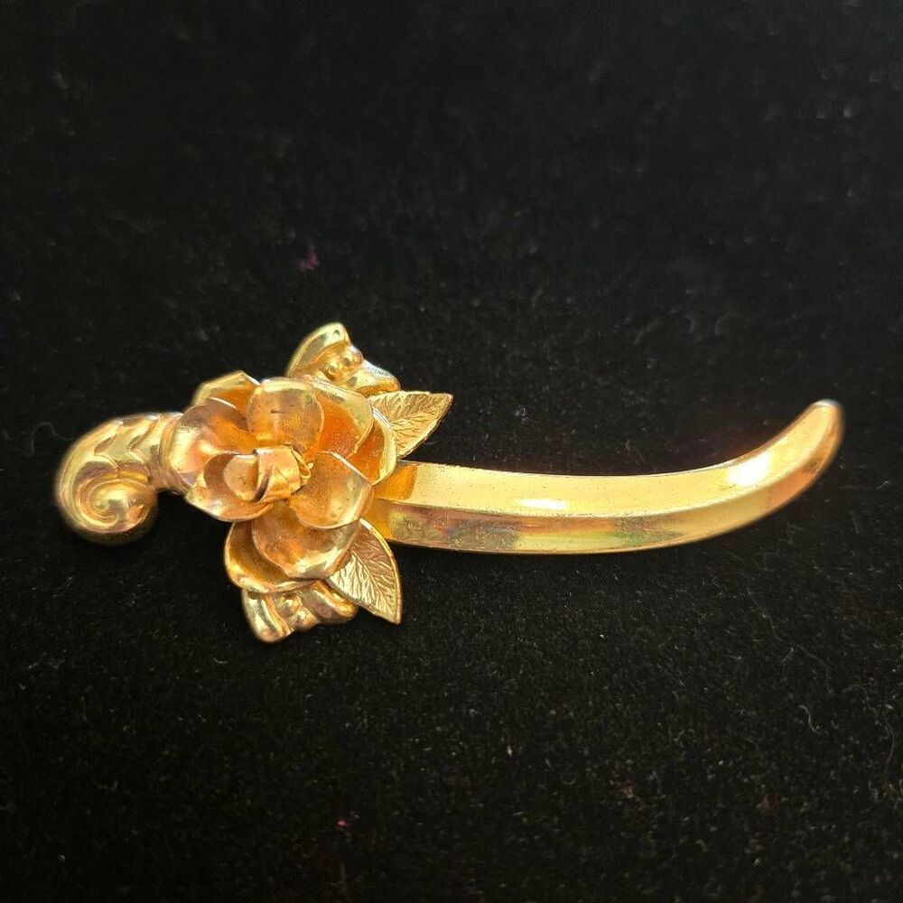 Vintage Sword and Rose Brooch Pin Gold Tone